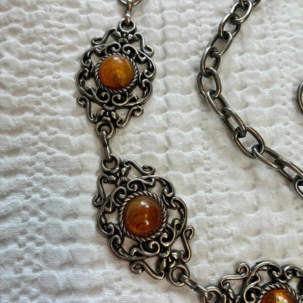 Y2K Silver Filigree Belt Metal Chain Amber Resin Romantic Low Slung Adjustable
